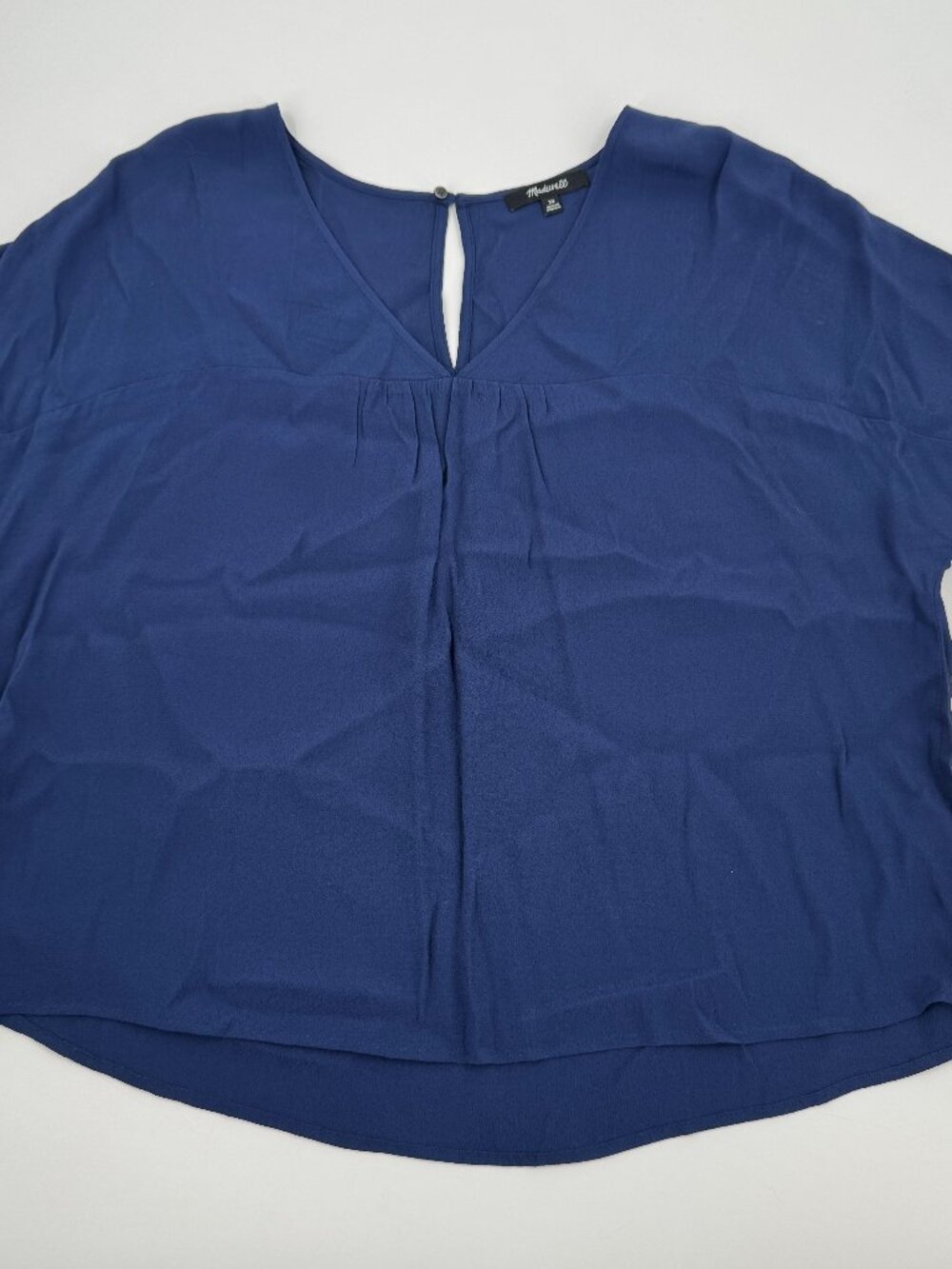 Madewell V-Neck Pleated Blouse Womens XS Navy Blue Short‎ Sleeve Keyhole Back